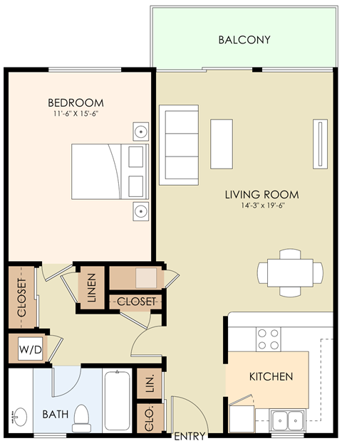 Floor plan for 1 bed, 1 bath, 800 sqft